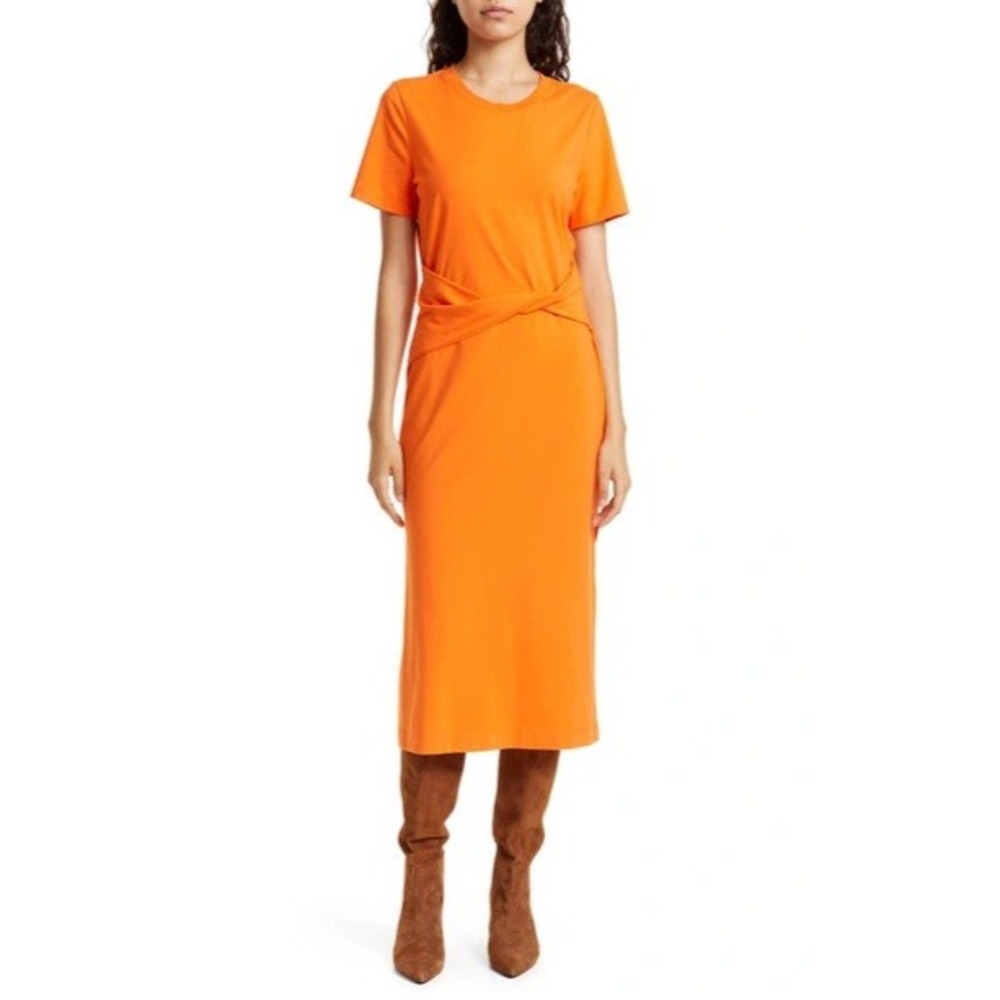 Tanya Taylor Hayley Twist Front Orange Organic Cotton T-shirt Dress Large L
